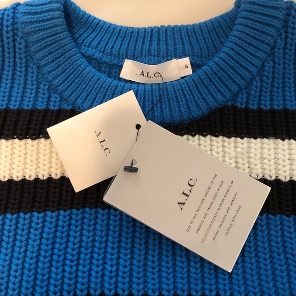 A.L.C. Matthews Striped Chunky Knit Azure Blue Oversized Pullover Sweater sz S - Picture 8 of 9